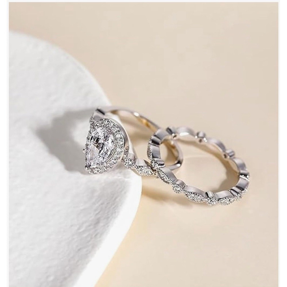 2-Piece Teardrop Halo Ring Set – Sizes 8 or 10 | Elegant Cubic Zirconia Bridal